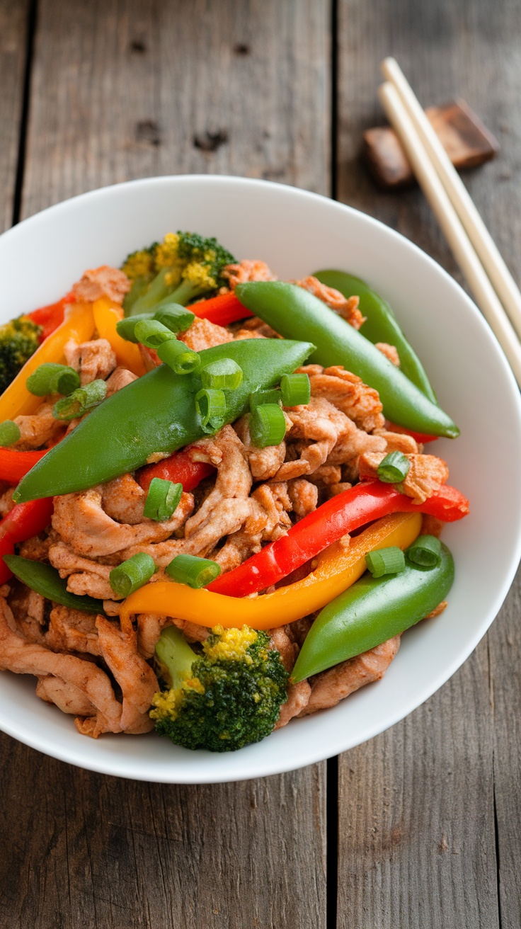 A colorful keto ground chicken stir-fry with vegetables in a bowl, garnished with green onions, on a wooden table.